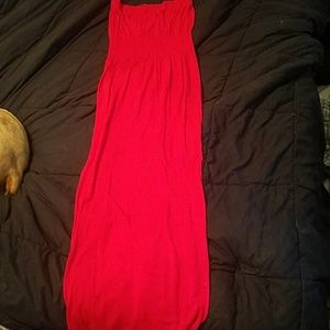 Red strapless maxi dress